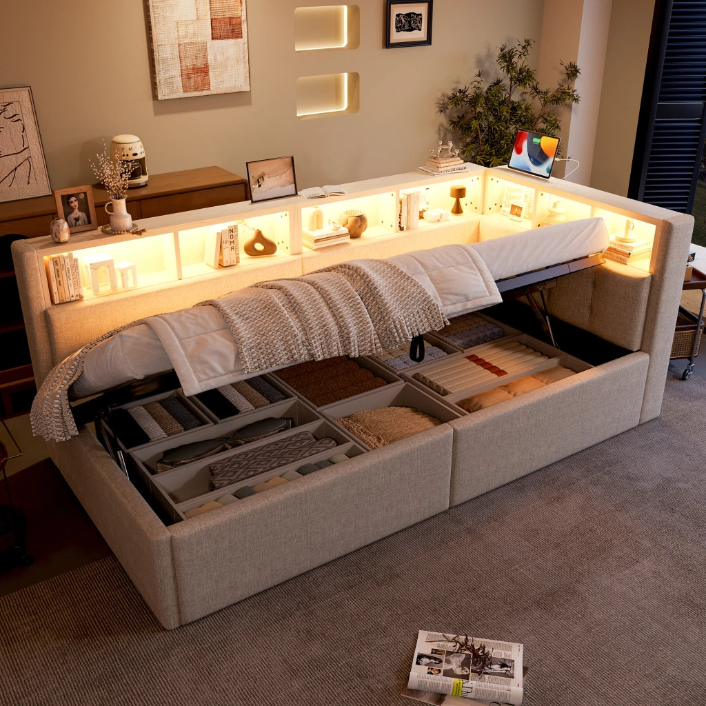 LETTO DAYBED 90x200 cm in lino beige con LED, USB e vano contenitore