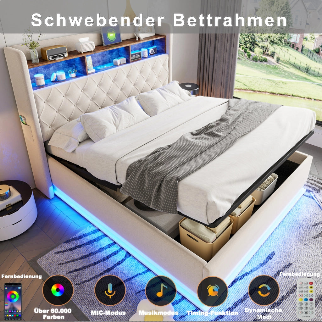 LETTO Imbottito 180x200 cm Beige con LED, USB e vano contenitore