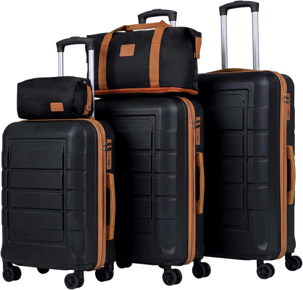 Set di 5 Pezzi Valigie da Viaggio, Set 3 Valigie Rigide in ABS (28”/24”/20”con 1 Bagaglio a Mano e 1 Borsetta, Lucchetto a Codice, Manico Telescopico e Ruote Girevoli, Trolley da Cabina (Nero)