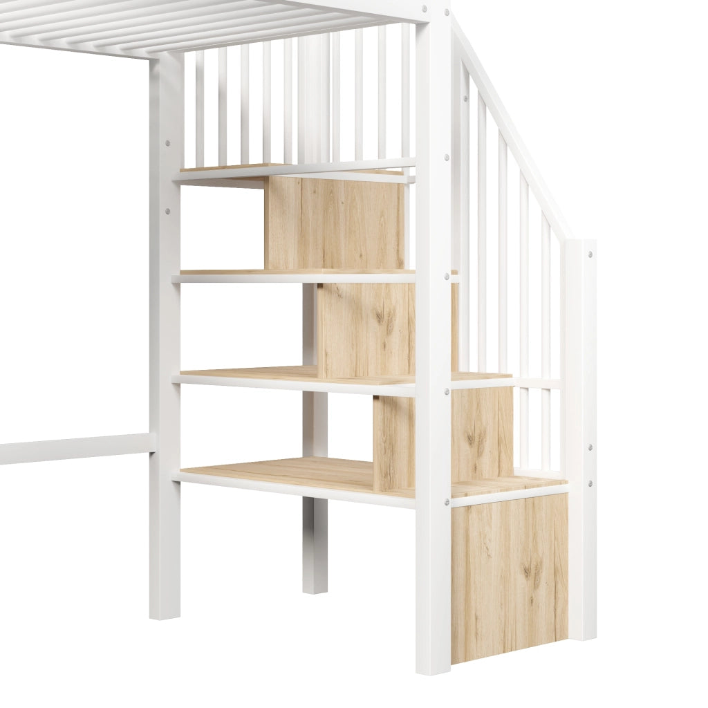 LETTO a soppalco 90x200 cm in metallo e MDF bianco con scala contenitore
