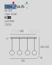 SOSPENSIONE BIANCO 4 LUCI RETTANGOLARE VETRI RAME 1184BI-S4 R-RA