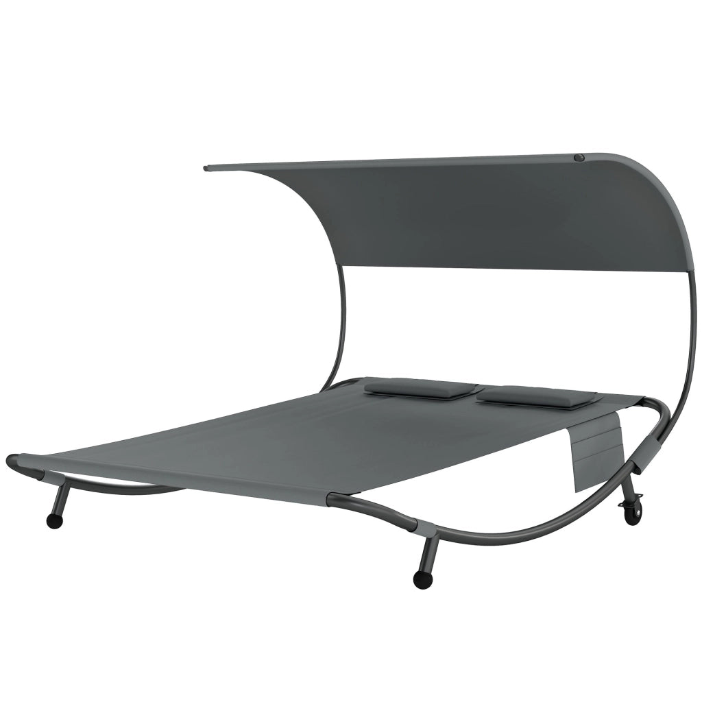 Lettino Prendisole Doppio con Baldacchino Rimovibile. Ruote. Cuscini e Tasche. Grigio