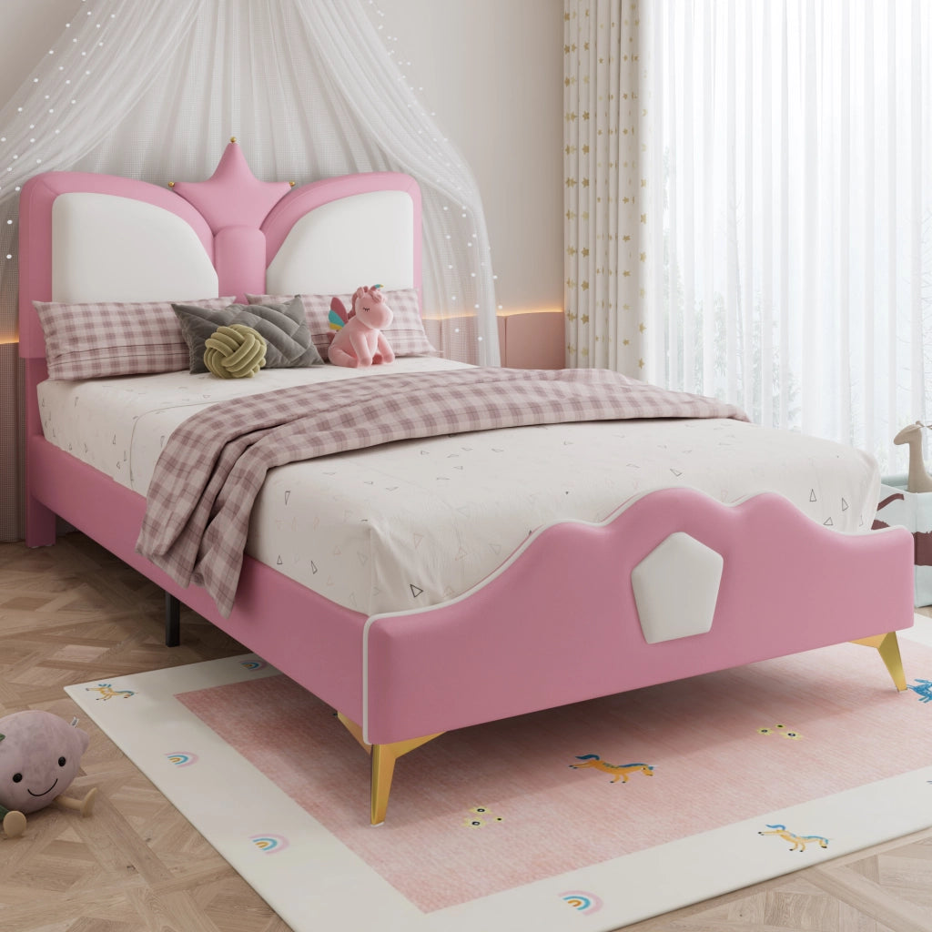 Upholstered Kids Bed;90x200 cm;crown-shaped headboard;pink and white