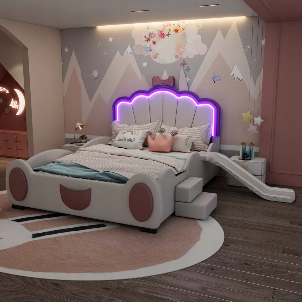 Letto per bambini 140x200 - Xylo - Rosa e bianco con LED