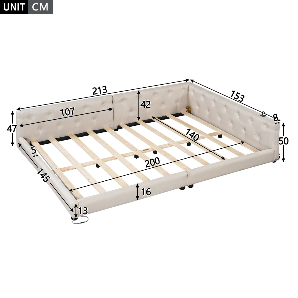 Letto divano con rete a doghe in lino beige 140x200 cm