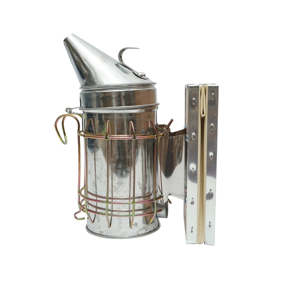 Affumicatore per api in acciaio galvanizzato con cilindro, scudo termico e soffietto in pelle, 190 mm