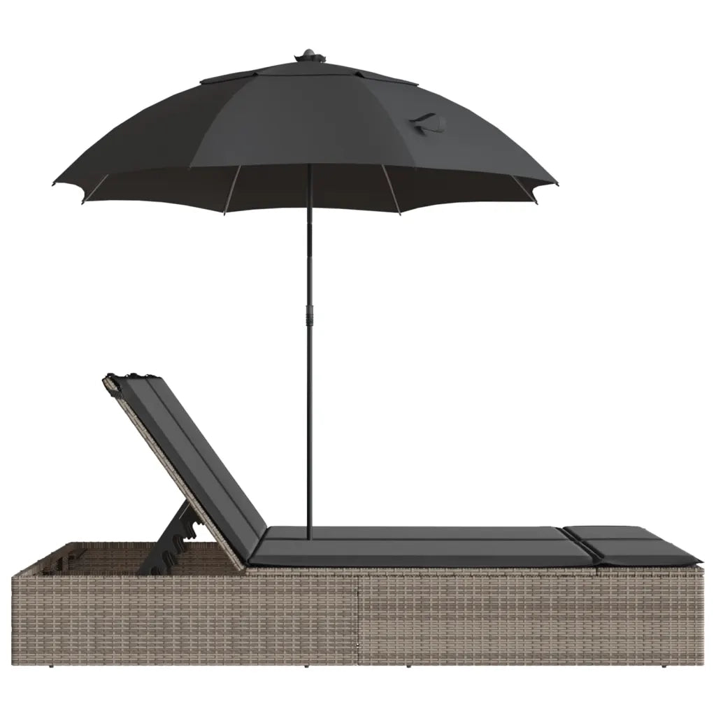 Lettino Prendisole | Sdraio da giardino | Lettino da sole Doppio Cuscini e Parasole Grigio Polyrattan