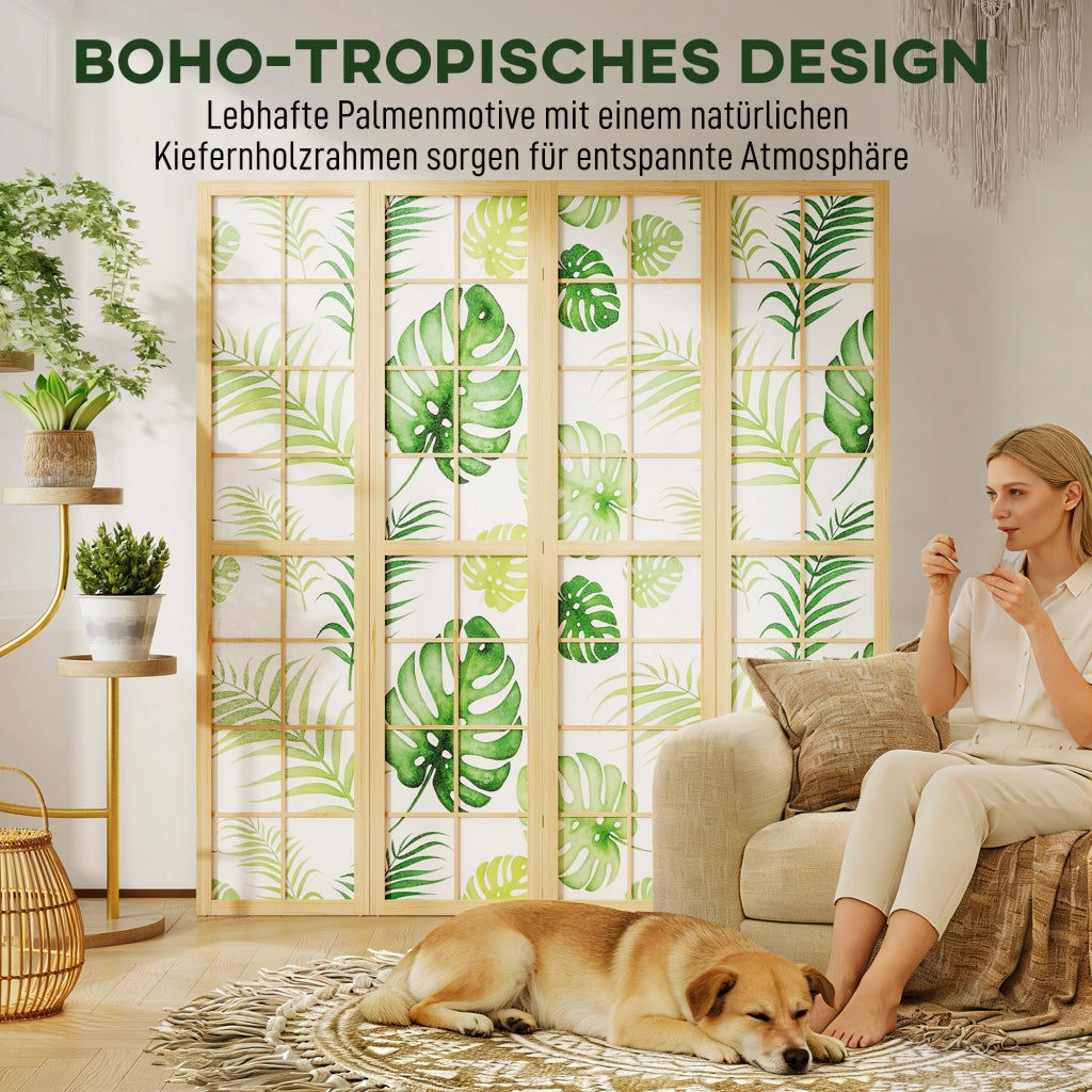 Paravento pieghevole 4 pannelli ¨C Xylo ¨C legno, design tropicale boho, verde
