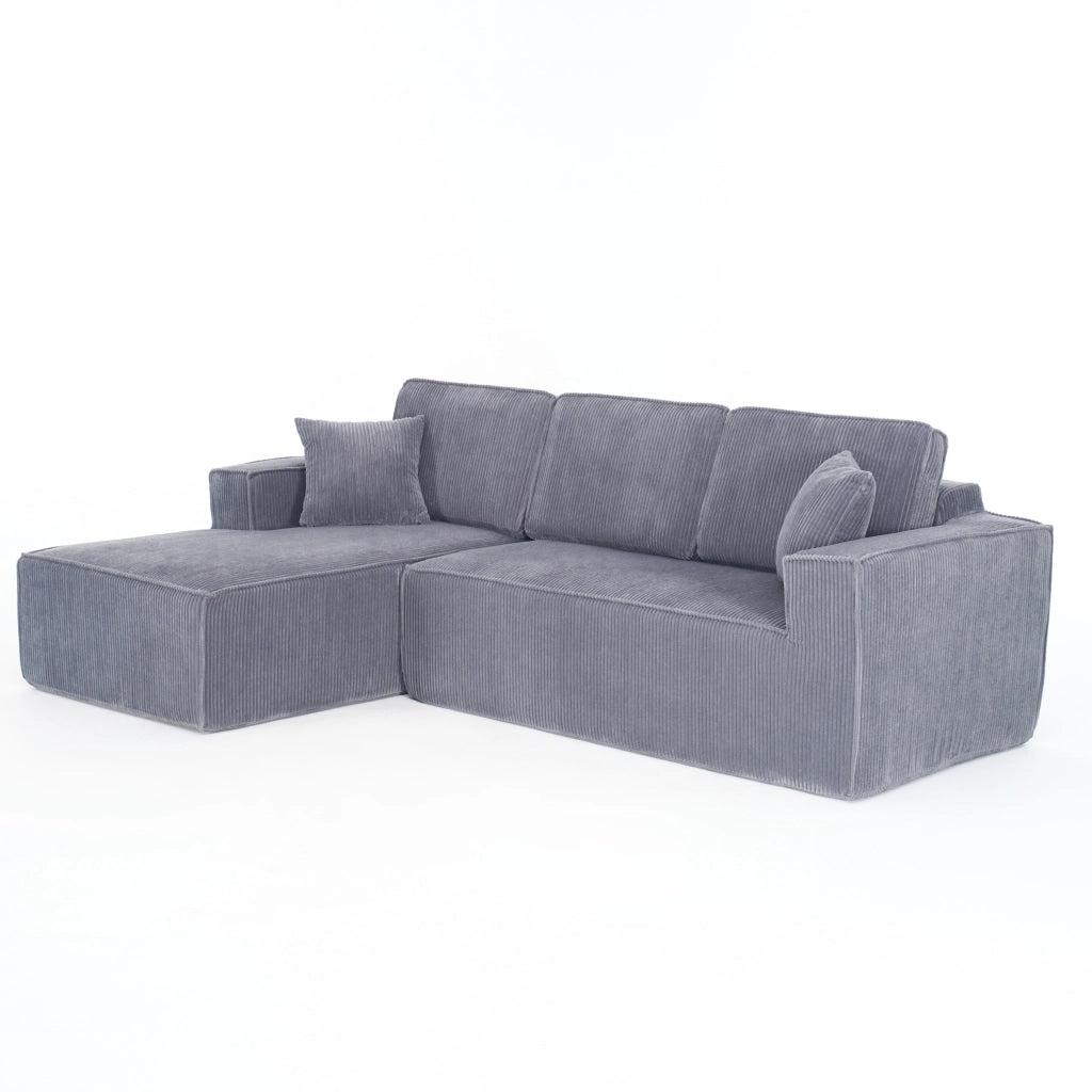Divano Angolare 2 Posti con Chaise Longue ¨C MINIMAL ¨C Tessuto a Coste, Grigio, Morbido