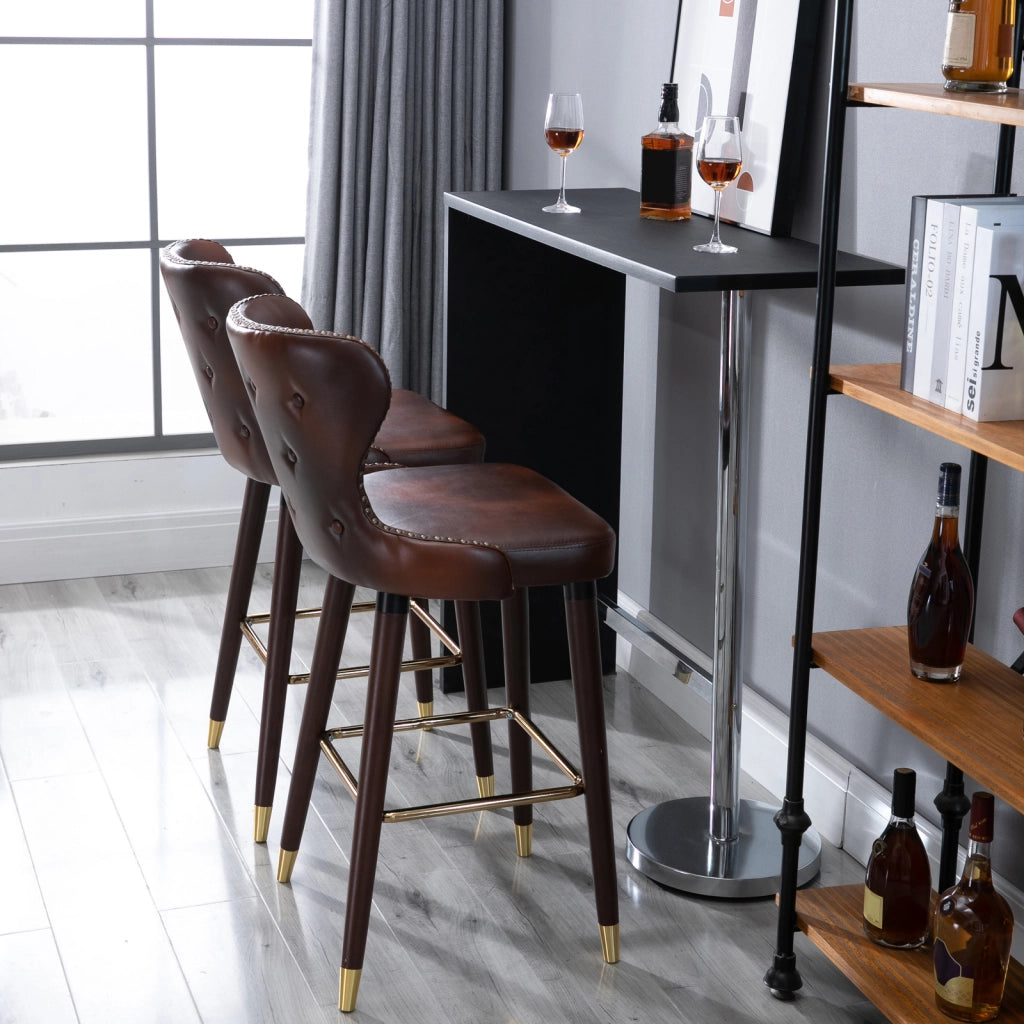 Set di 2 Sedie da Bar con Schienale e Poggiapiedi ¨C Minimal ¨C Pelle Sintetica Marrone 52x53x101 cm