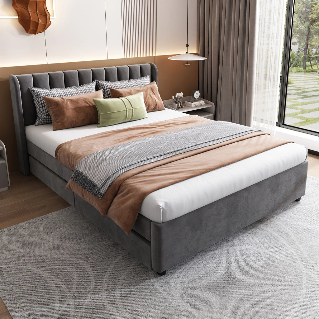 Letto imbottito 140x200 cm in velluto grigio con testiera, rete a doghe e 2 cassetti