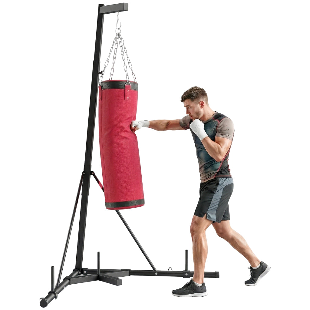Supporto per Sacco da Boxe con Base Triangolare e Sacco Incluso ¨C Xylo ¨C Acciaio e Tela, Regolabile 185-231 cm, Rosso