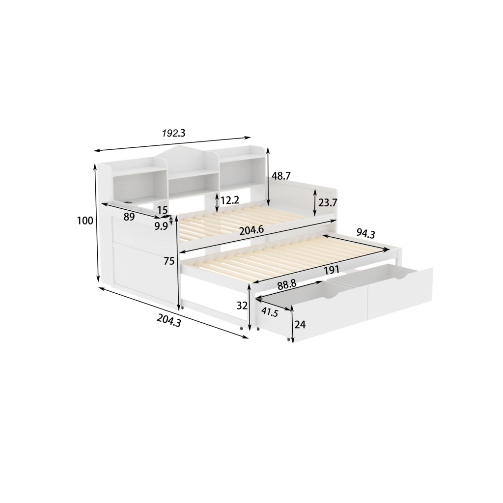 LETTO estraibile singolo 90x200 cm bianco con 2 cassetti