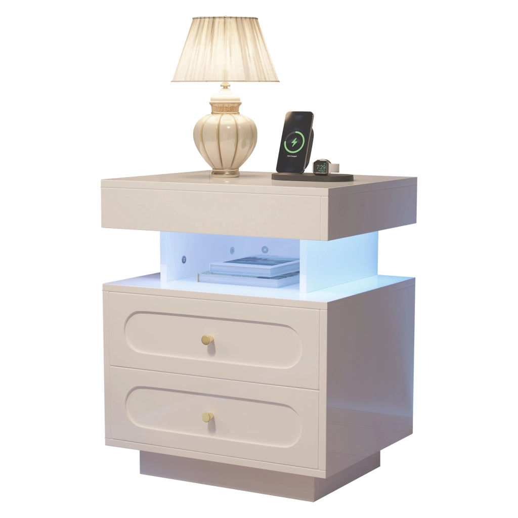 Comodino con LED e 2 Cassetti ¨C MINIMAL ¨C Bianco 50x40x60 cm