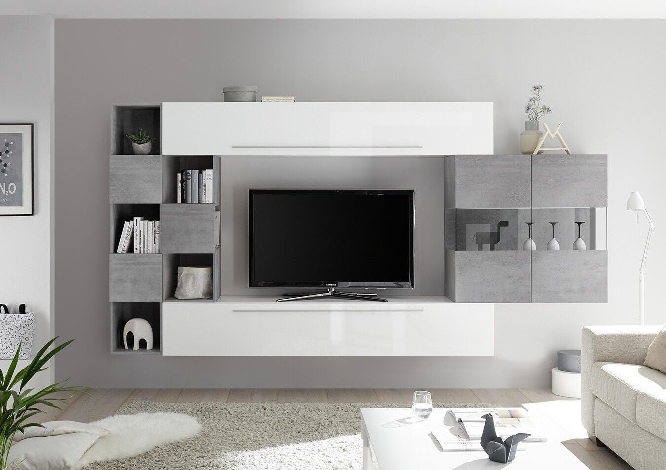 Soggiorno Zenzero, parete attrezzata bianco lucido e beton con vetrina 2 ante, ZLCIFCOMP22