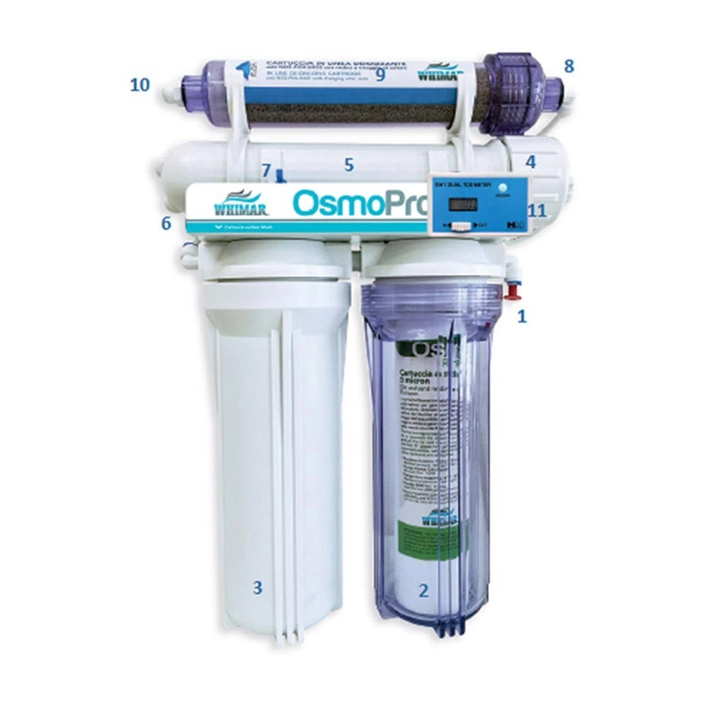 Whimar OsmoPro Tech Plus 100GPD 380 L/g - Impianto bicchiere con membrana Pentair, flush-valve, post-filtro deionizzante e TDS