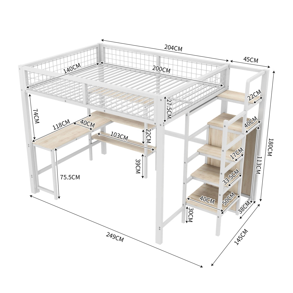 Letto a soppalco 140x200 cm in metallo e MDF, con scrivania, ripiani e armadio, bianco