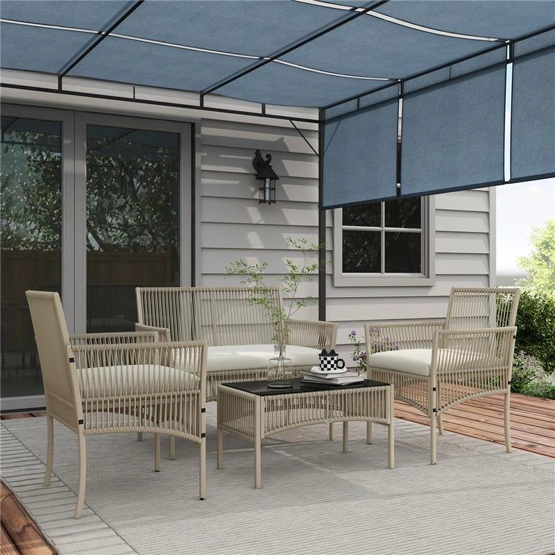 SET DA GIARDINO IN RATTAN DA 4 PEZZI CON 2 POLTRONCINE, DIVANO E TAVOLINO DA CAFFÈ, KAKI