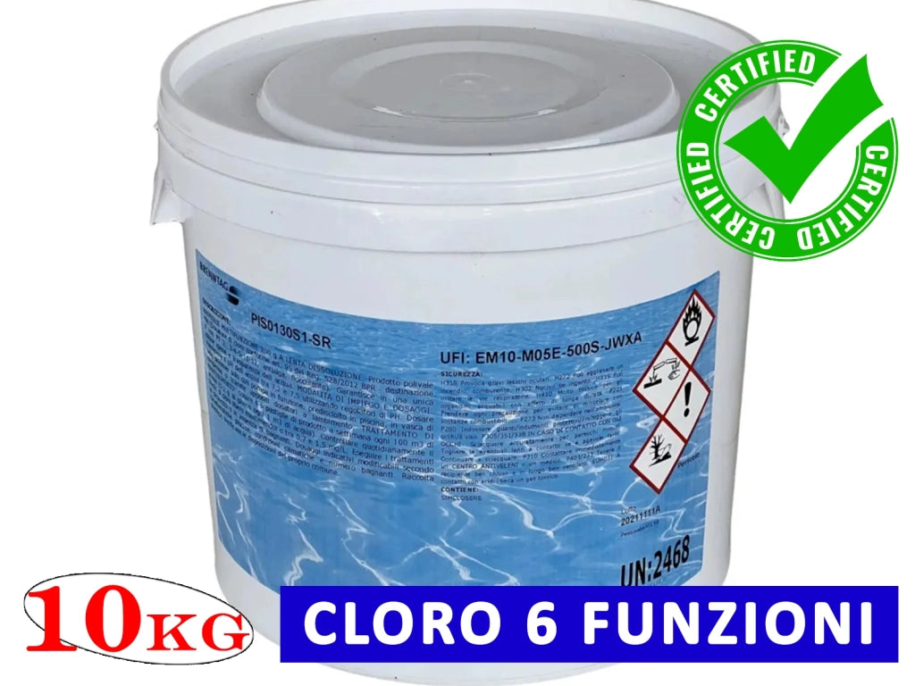 Cloro in Pastiglie per Pulizia Acqua Piscina MULTIFUNZIONE 6 Azioni 10kg 200g Polifunzione