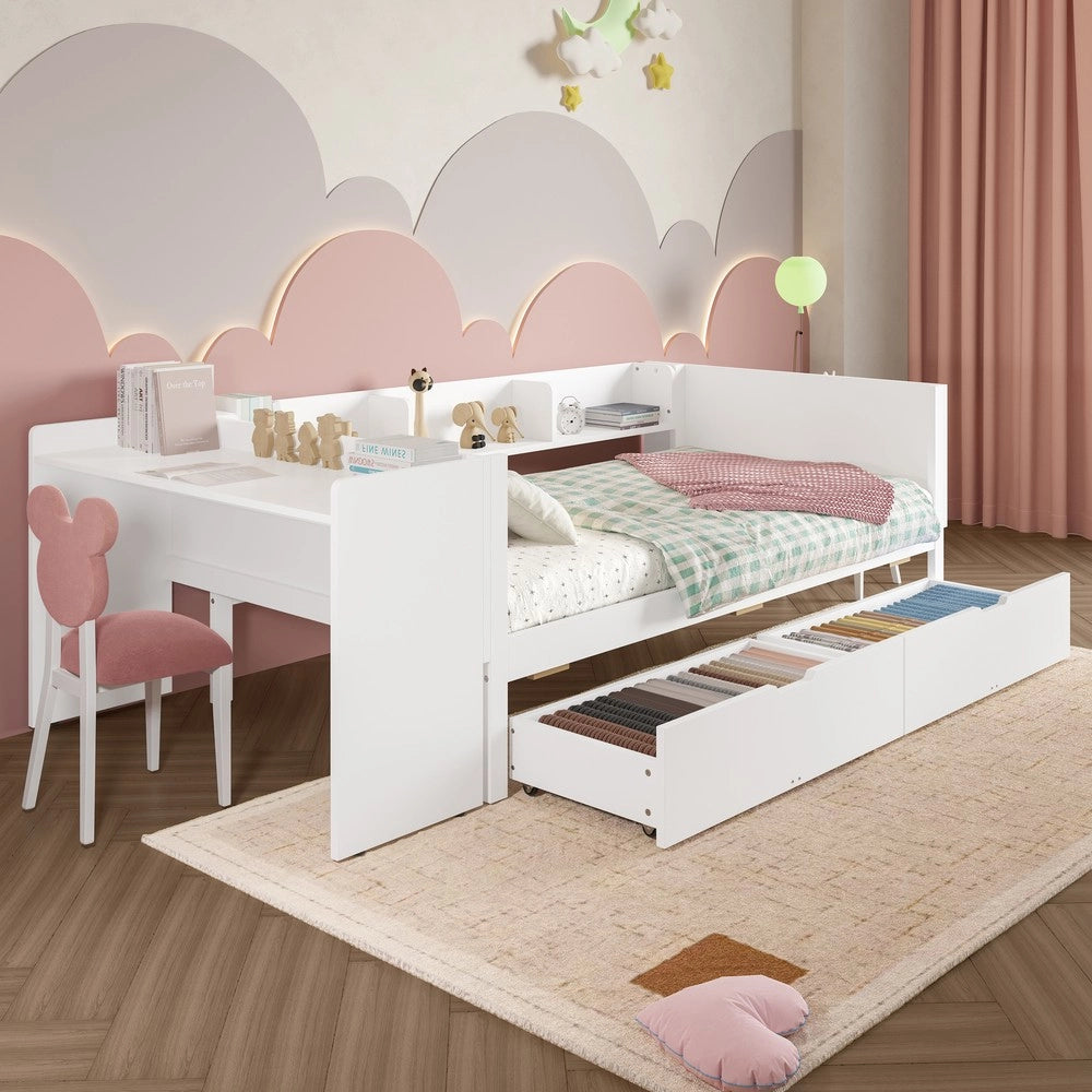 Letto Singolo con Scrivania e Cassetti ¨C MINIMAL ¨C Pino e Multistrato, Bianco, 90x200