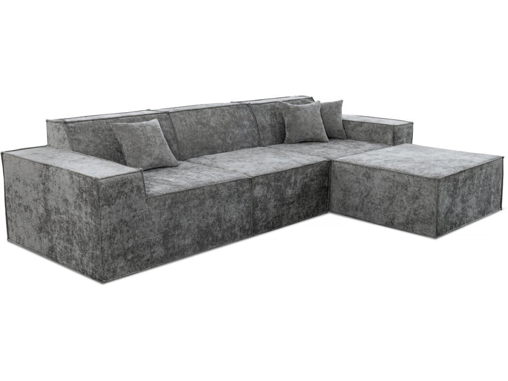 Divano componibile dritto con pouf in tessuto texturizzato "Lusso" - 4 posti - Grigio