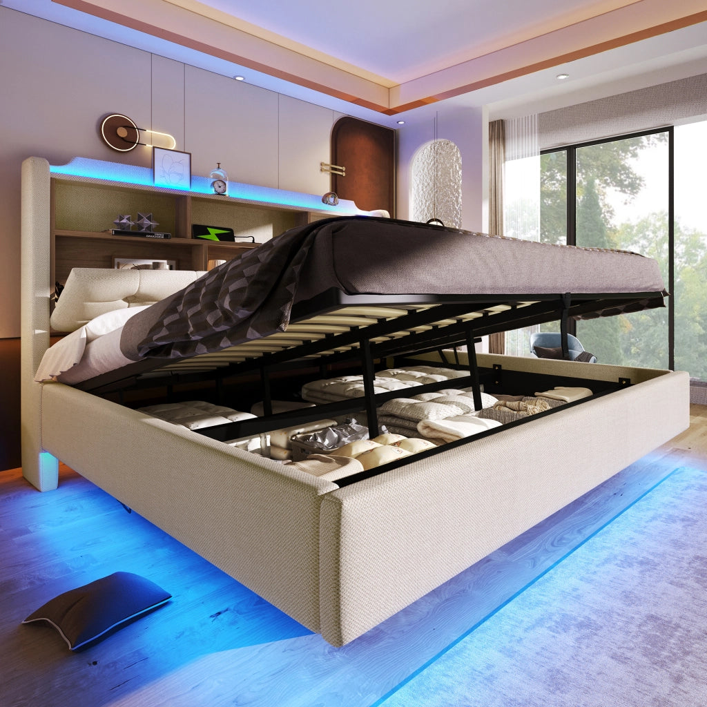 LETTO Imbottito 180x200 cm in lino beige con LED, USB e vano idraulico