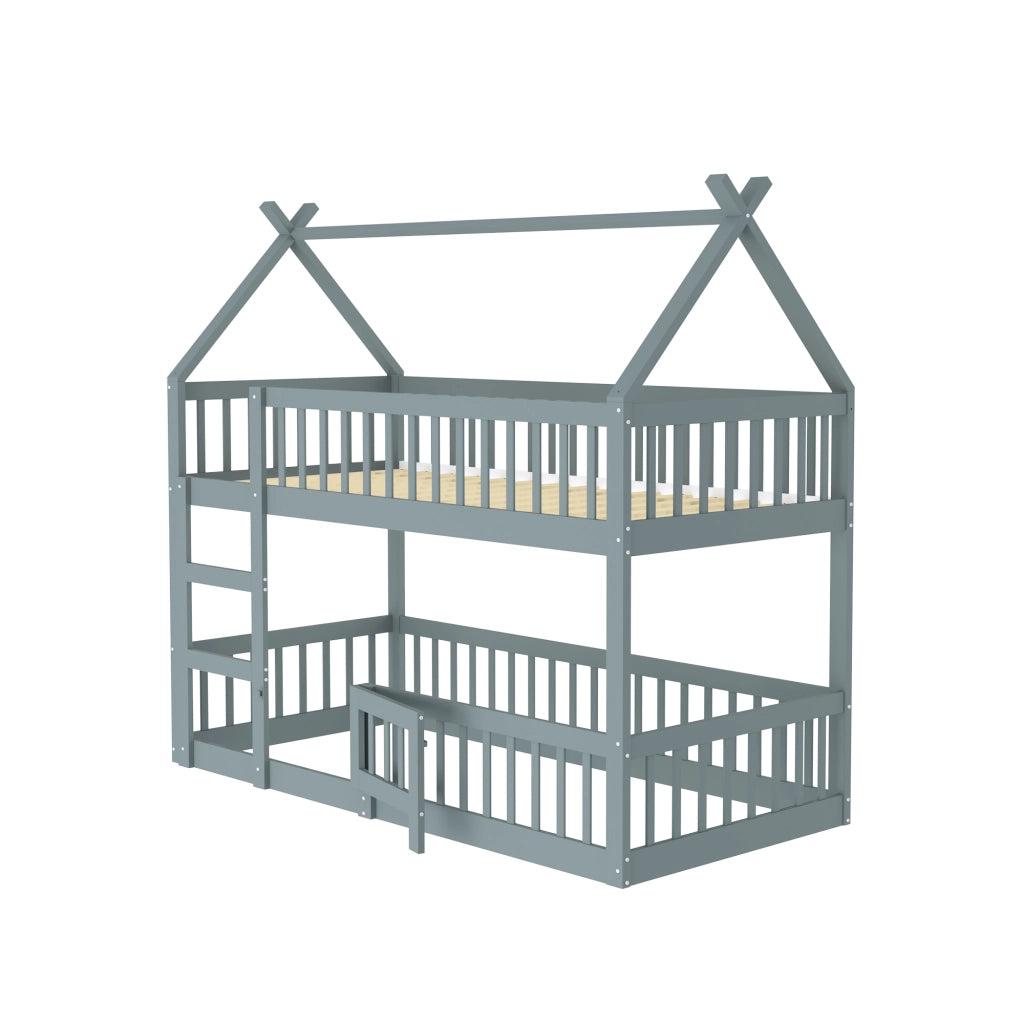 Letto a castello per bambini 90x200 cm con scala, design modulare, colore grigio