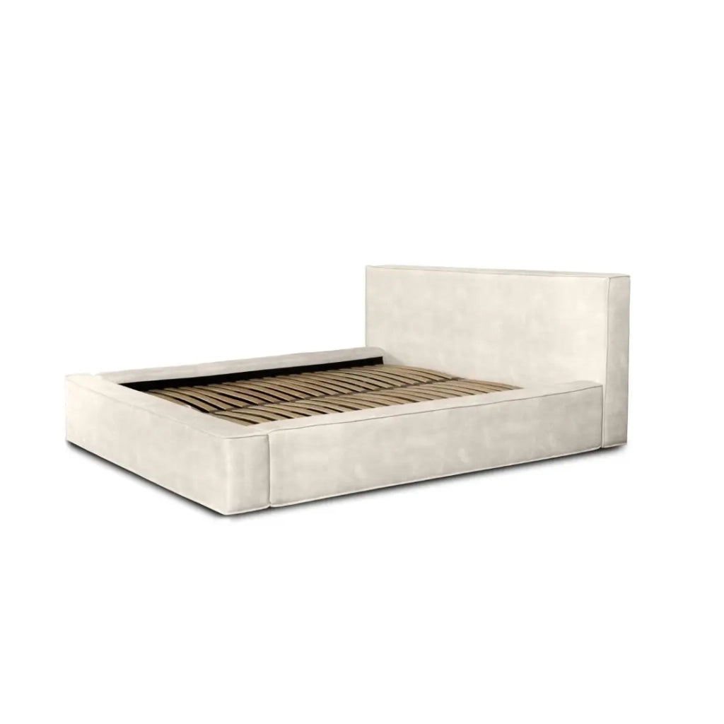Letto contenitore VELORA – Perla – 180x200 cm – Tessuto velluto morbido – Rete sollevabile – Spazio di archiviazione integrato