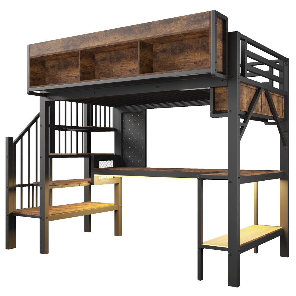 Letto a Soppalco con Scrivania e LED ¨C MINIMAL ¨C 90x200, Legno, Nero, Presa USB