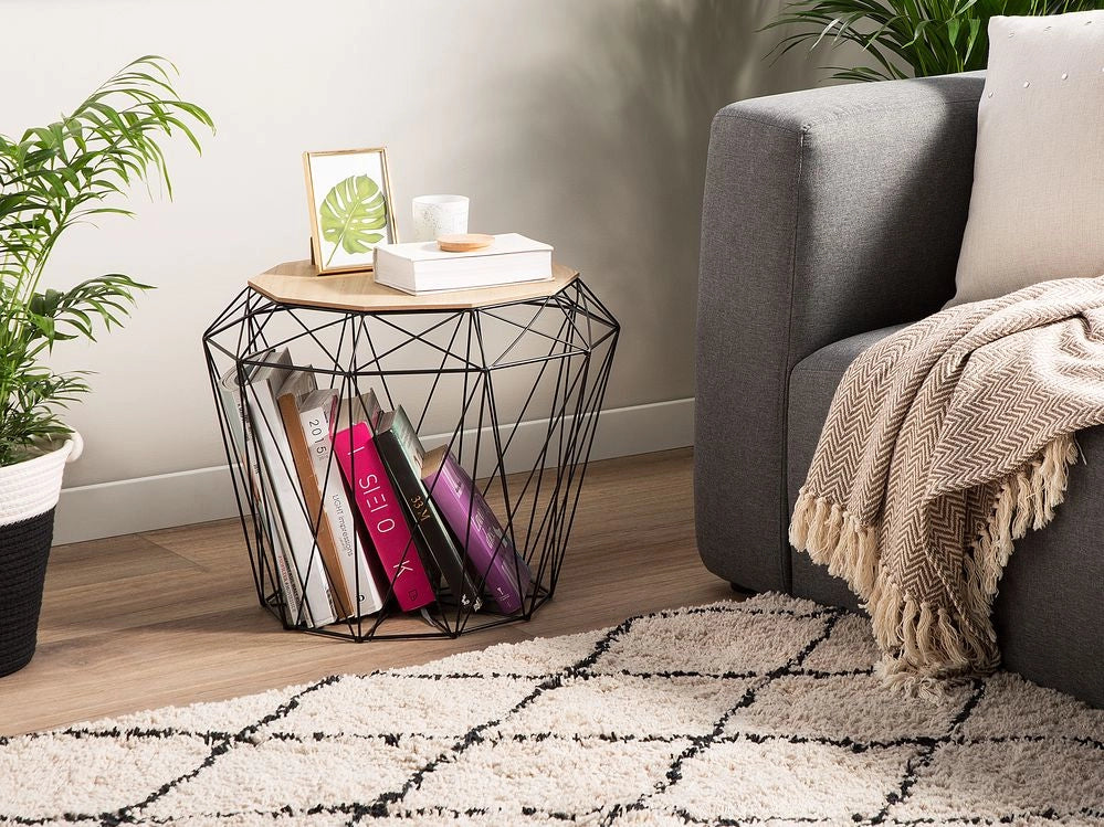 Tavolino Luce Base in Legno e Metallo Nero Piano Removibile Glam
