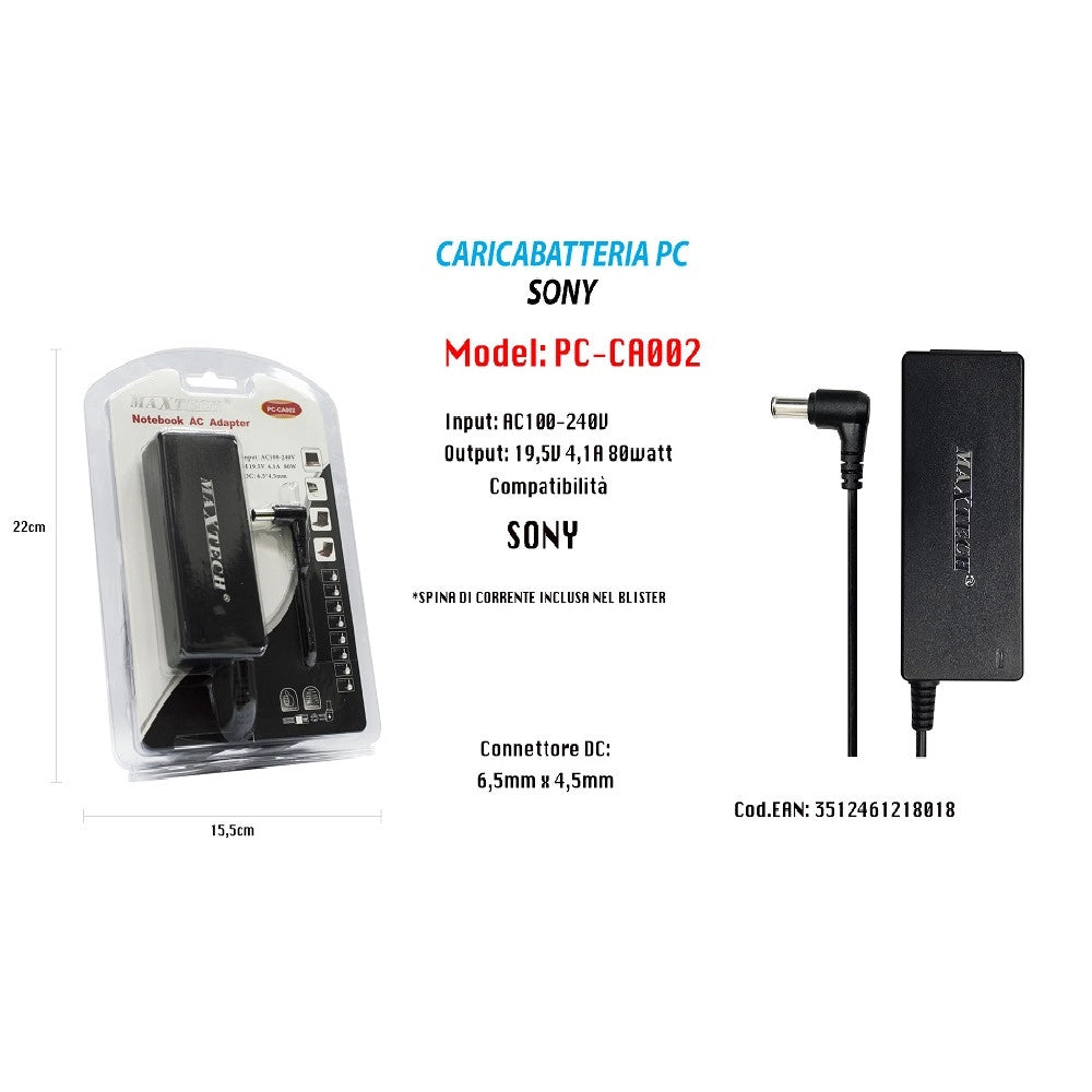 Trade Shop - Caricabatteria Notebook Pc Sony Alimentatore Batteria Ricambio 19,5v Maxtech Pc-ca002 -