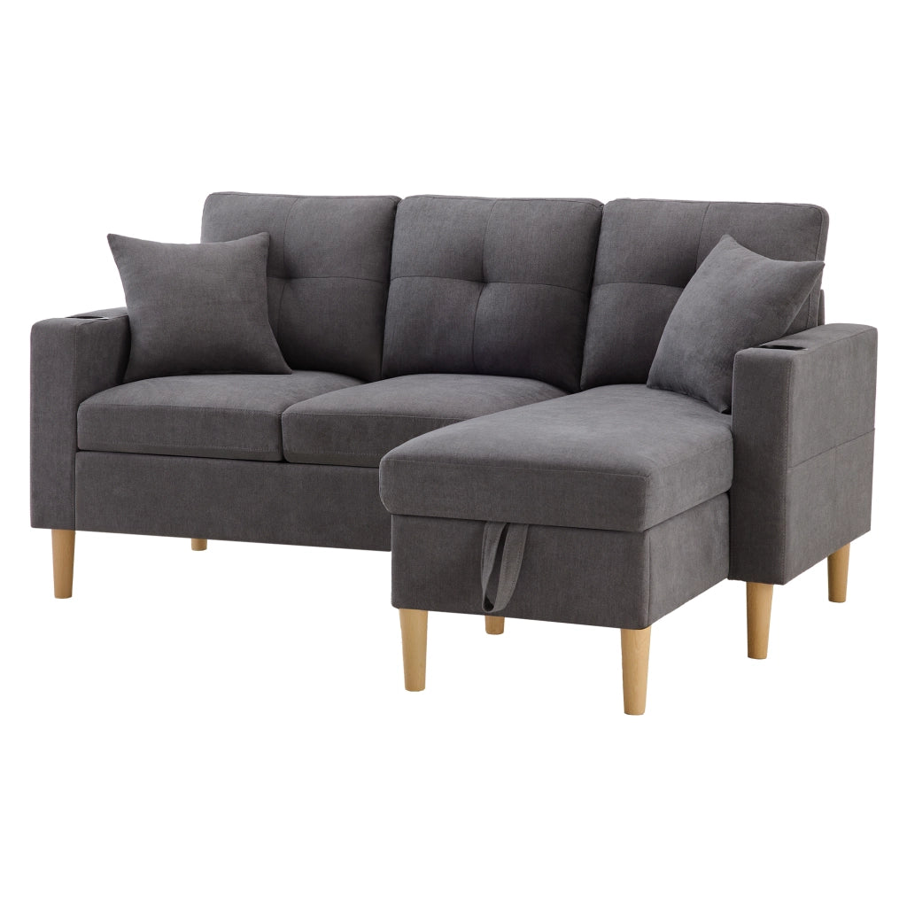 Divano Angolare 3 Posti con Chaise Longue e Contenitore ¨C MINIMAL ¨C con Cuscini e Portabicchieri
