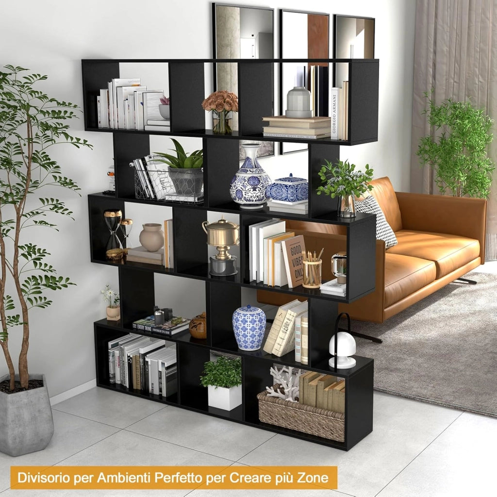 Scaffale a 5 Ripiani in Legno, Libreria Geometrica a Forma di S con Dispositivo Antiribaltamento, per Soggiorno Ufficio Camera da Letto, 70 x 23,5 x 158 cm (nero)