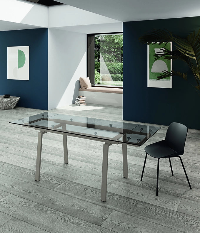 Tavolo da cucina allungabile Tommy 140/200x80cm in vetro temperato trasparente e struttura in metallo verniciato colore Tortora - Tommy