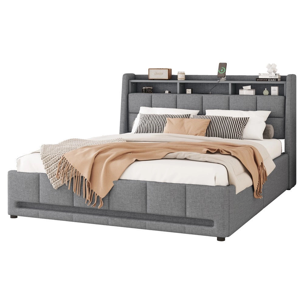 Letto Imbottito con Cassetti e LED ¨C MINIMAL ¨C Grigio, Tessuto Lino, 140x200