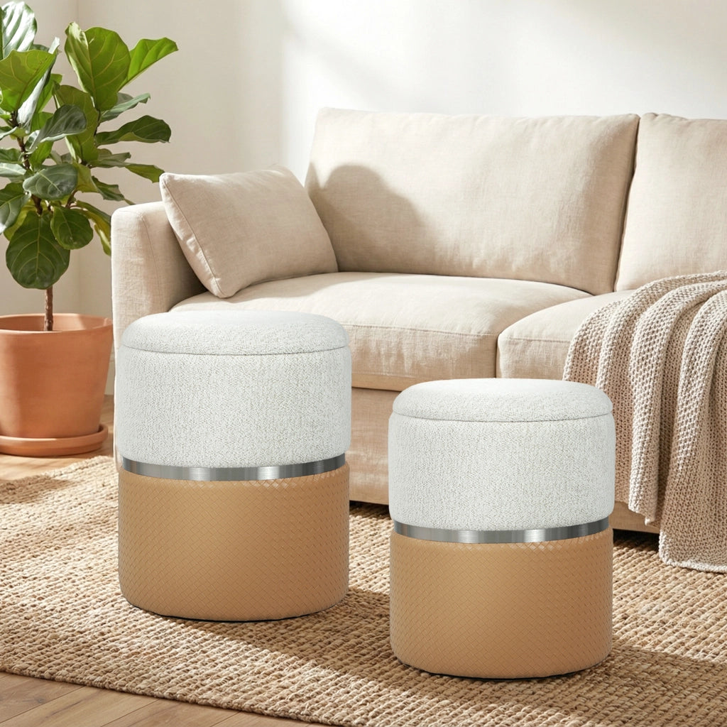 Set 2 Pouf Contenitore ¨C Xylo ¨C Rivestimento Chenilla e Similpelle Marrone e Crema
