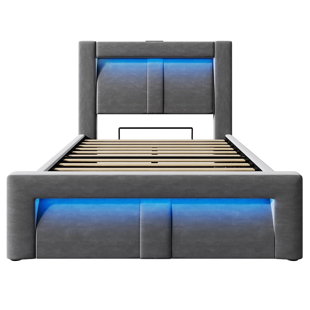 Letto-Xylo-90x200cm idraulico LED USB-C velluto testiera curva grigio