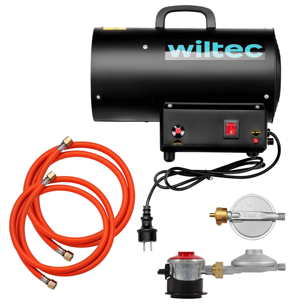 Generatore di calore a gas GPL, 15 kW 30 W 320m³/ora, cannone aria calda con avviamento piezoelettrico, incluso riduttore di pressione del gas per la Spagna 700 mbar con tubo da 1,5 m