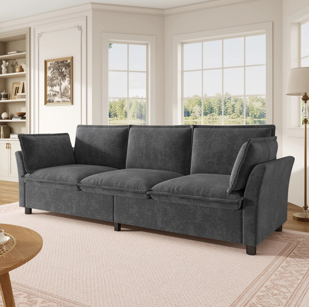 Divano modulare a 3 posti 220 cm in chenille grigio; con 2 cuscini bracciolo e struttura in metallo