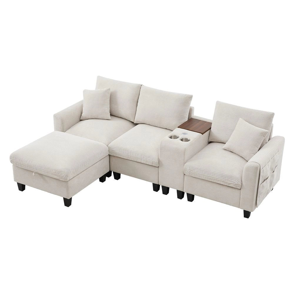 Divano angolare a L - Xylo - Velluto, console con USB, ripostiglio, beige