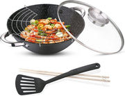 Wokpan con rivestimento in marmo e coperchio in vetro - Adatto per piani di cottura inductive - Piatto da cucina multifunzionale con accessori