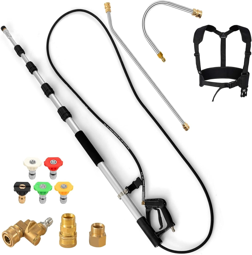 Spruzzatore Lancia Telescopica per Pulitore Ad Alta Pressione, Set Prolunga Pulitore con 5 Ugelli, 2 Adattatori, Cintura di Imbracatura, 550 CM Max, 4200 PSI, per Tetto, Auto, Terrazza, Parete