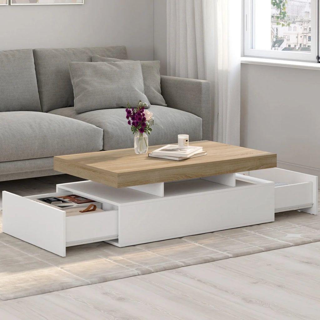 IDMarket - Tavolino rettangolare a 2 cassetti ELSA in legno bianco con piano in faggio