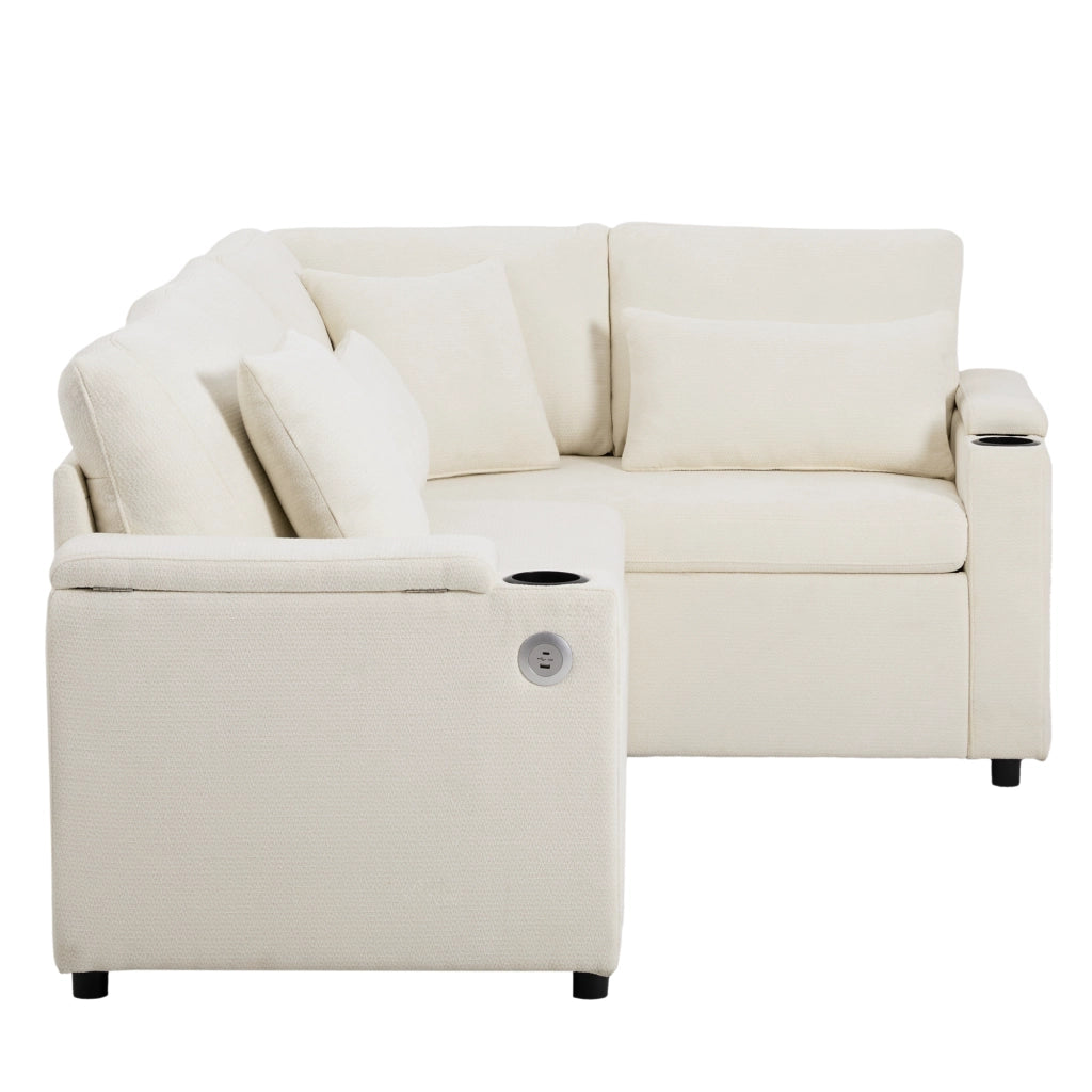Divano angolare convertibile con vano contenitore, portabicchieri e USB, in Chenille, Beige