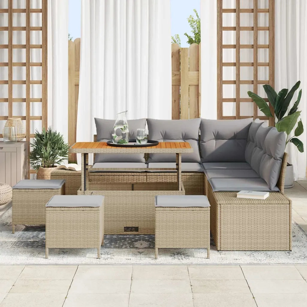 Set Divano da Giardino con cuscino 9 pcs Beige polyrattan