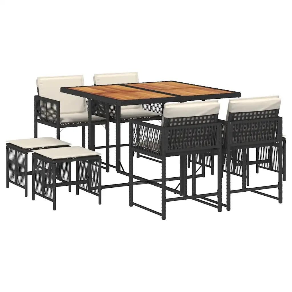 Set da Pranzo da Giardino 9 pz con Cuscini Nero in Polyrattan
