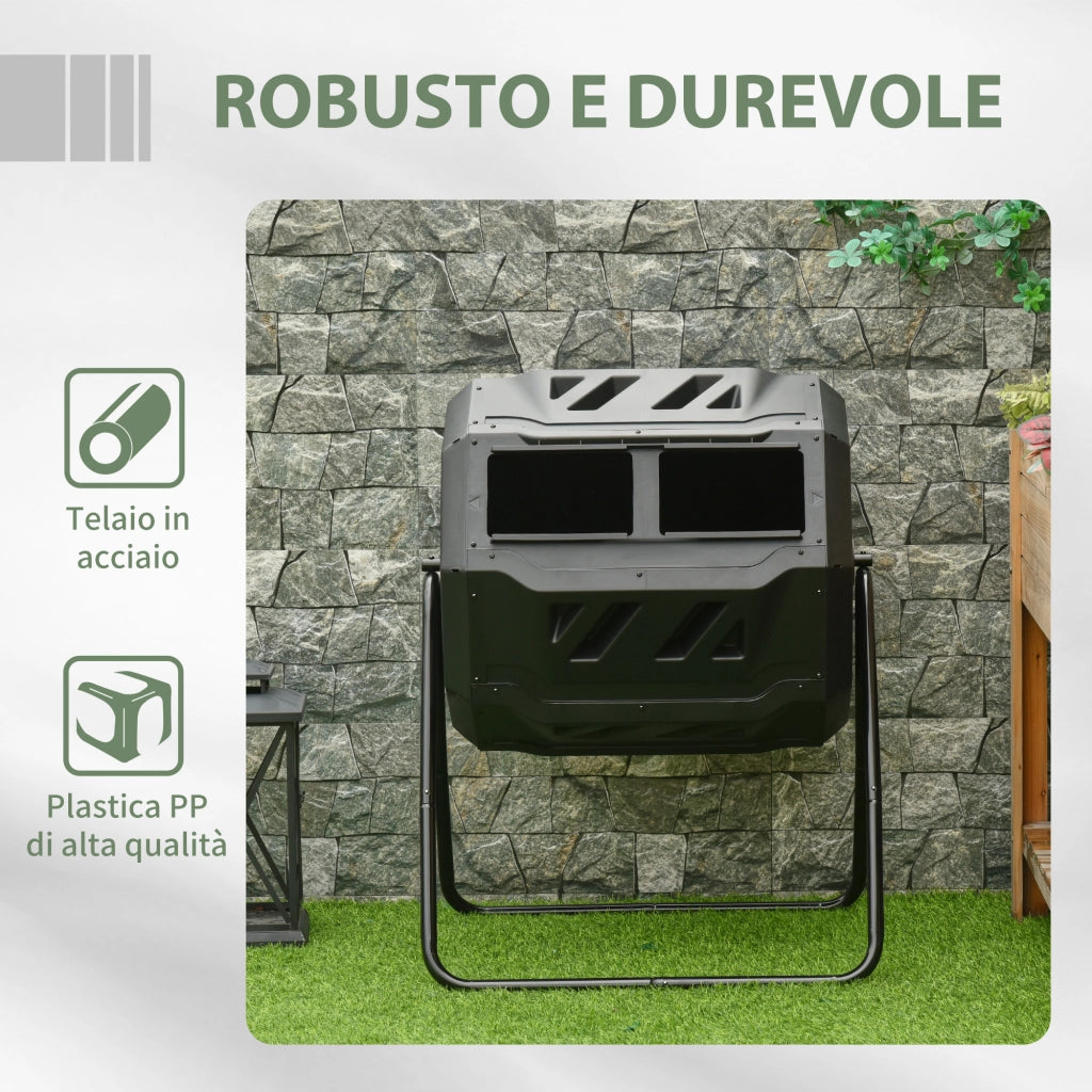 EasyComfort Compostiera da Giardino Girevole a 2 Sezioni con 8 Prese d'Aria, Compostiera Domestica in Acciaio e PP, 160 L, per Compostaggio Rifiuti Organici, 71x65x96 cm, Nero