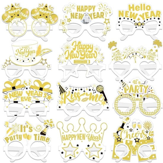 Festino di Capodanno - 24 pezzi - Occhiali di Carta da Festa - Buon Anno - Accessori per Fotografia - Bianco Oro