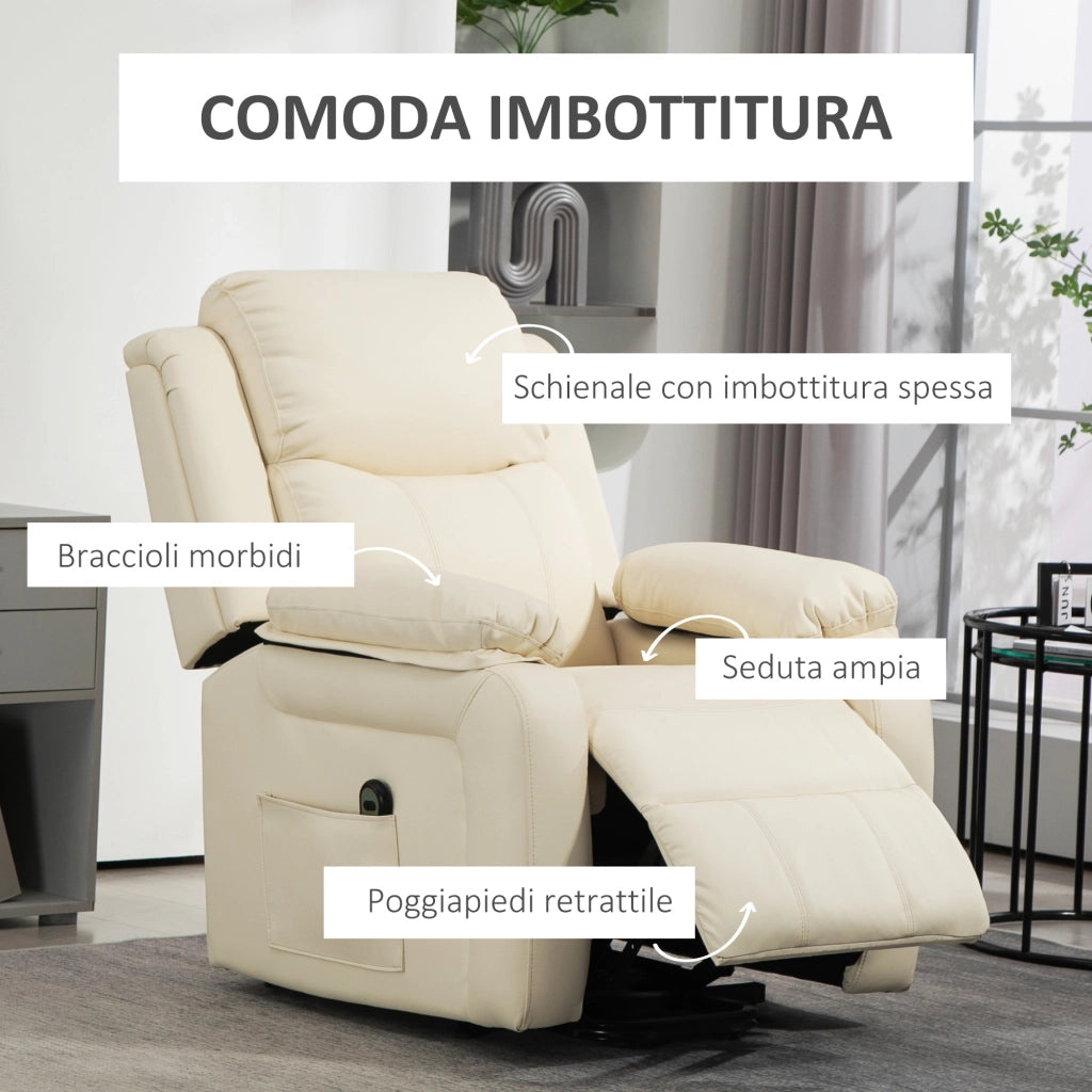 Poltrona Elettrica Reclinabile Alzapersona ¨C Minimal ¨C in Pelle, Bianco Crema