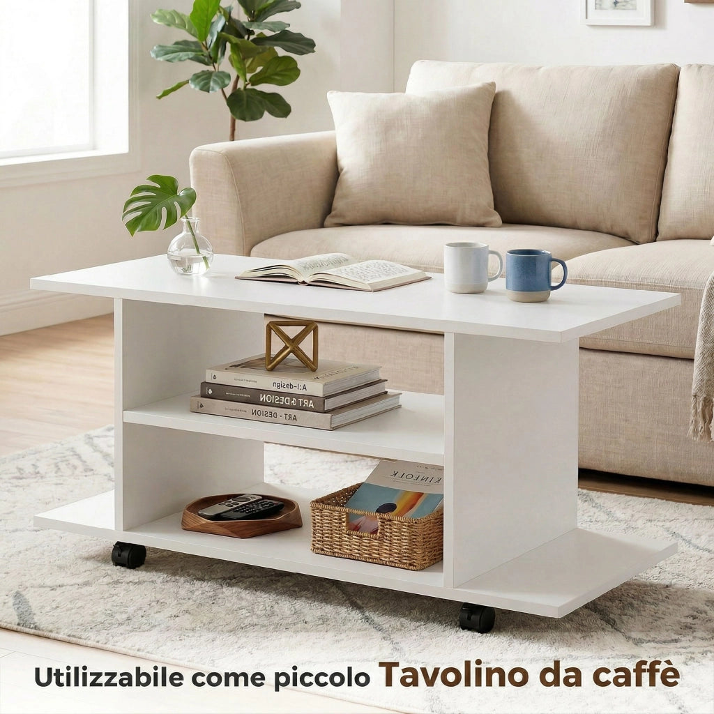 Mobile TV con Ripiani e Ruote ¨C Minimal ¨C 80x40x40 Bianco